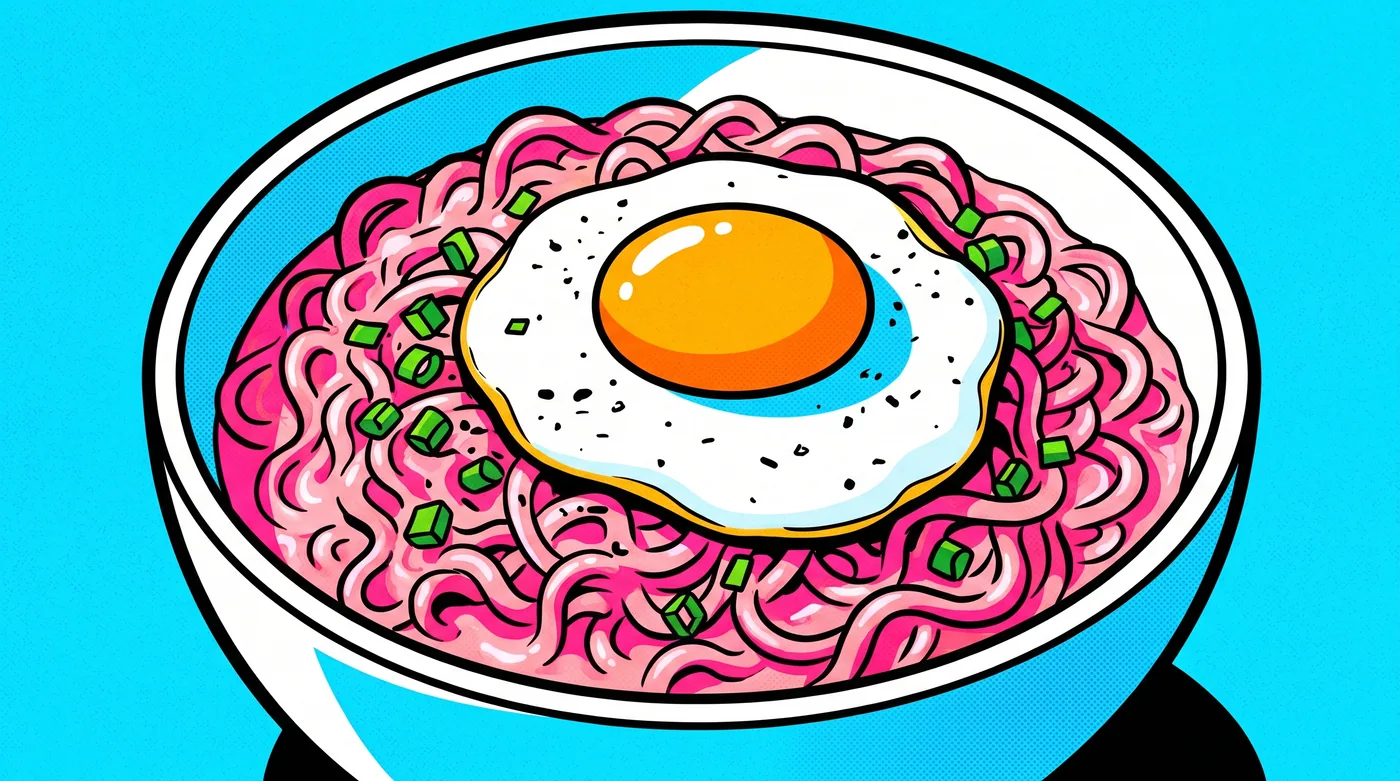 Buldak Carbonara as TikTok knows it — bright pink-rosé creamy noodles with a vivid sunny-side egg on top. The Scoville is identical to Original (4,404 SHU), but the cream emulsion changes the experience entirely. The 2020-2022 social-media run made this the most-bought Buldak variant on Amazon US