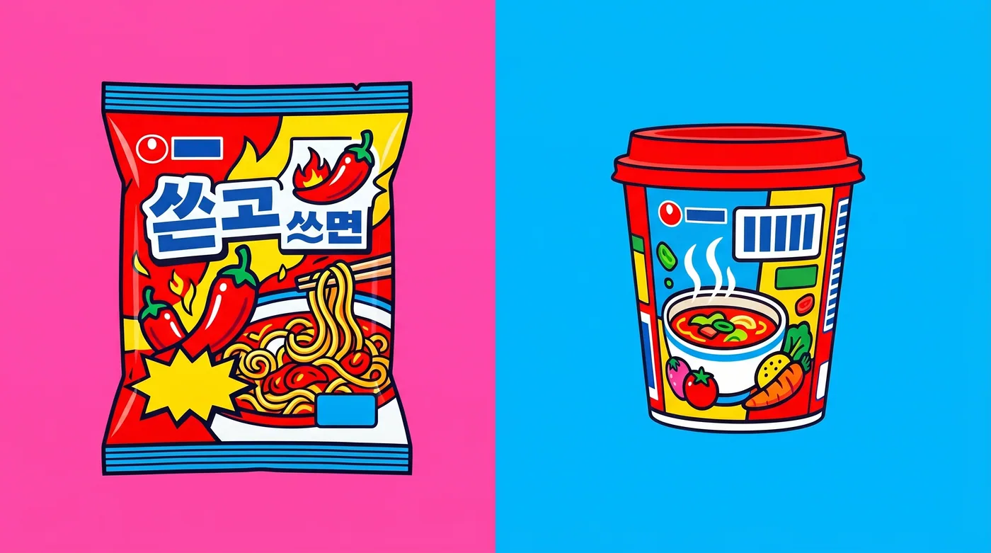 Packet format on the left, cup format on the right — the same Buldak flavor in two delivery methods. Packets give you the canonical product; cups trade noodle volume and seasoning depth for the convenience of needing only hot water and no pot