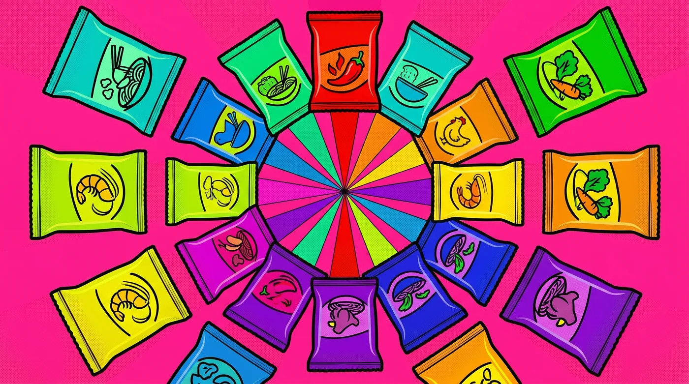 The complete active Buldak lineup as a radial sunburst — fourteen variants in their distinct packet colors, every spice tier and every flavor crossover represented. The pop-art treatment is deliberate: this is a product line as cultural artifact, not just an instant noodle catalogue
