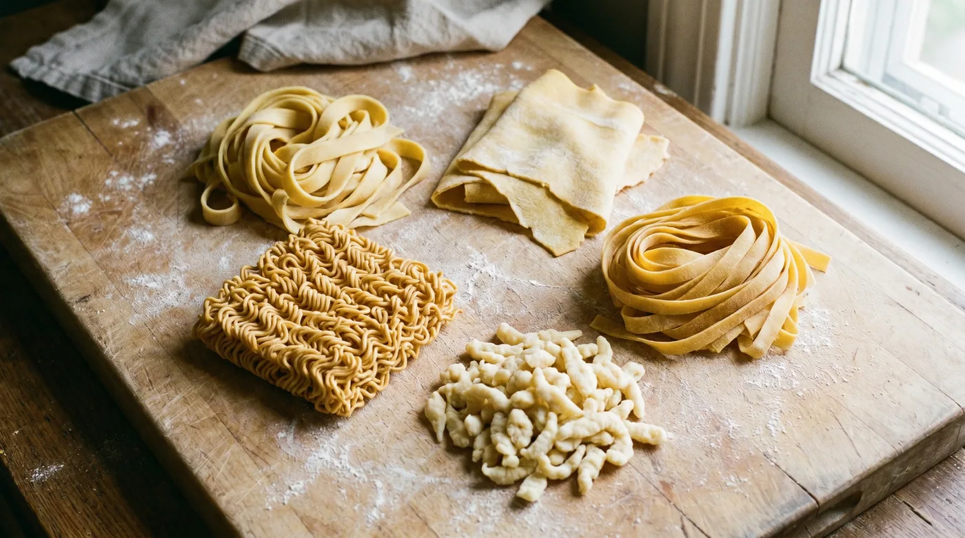 Five distinct egg-noodle styles laid out on flour-dusted wood — Chinese lo mein, Italian pappardelle, Pennsylvania Dutch wide, German Spätzle, Chinese chow mein. Same egg-and-wheat base, five different cultural inheritances