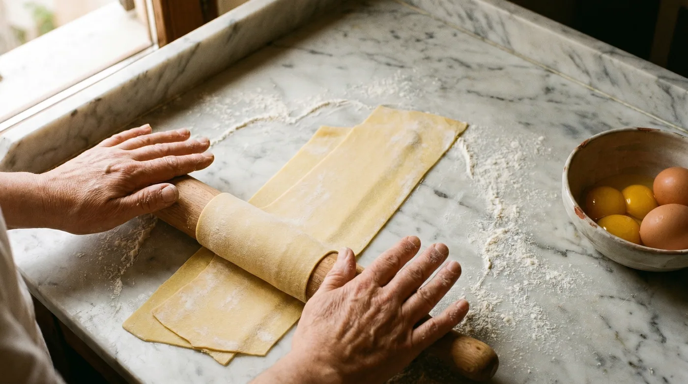 Hands rolling fresh pappardelle on a flour-dusted marble surface — the Italian end of the egg-noodle tradition, photographed in the workshop where it lives