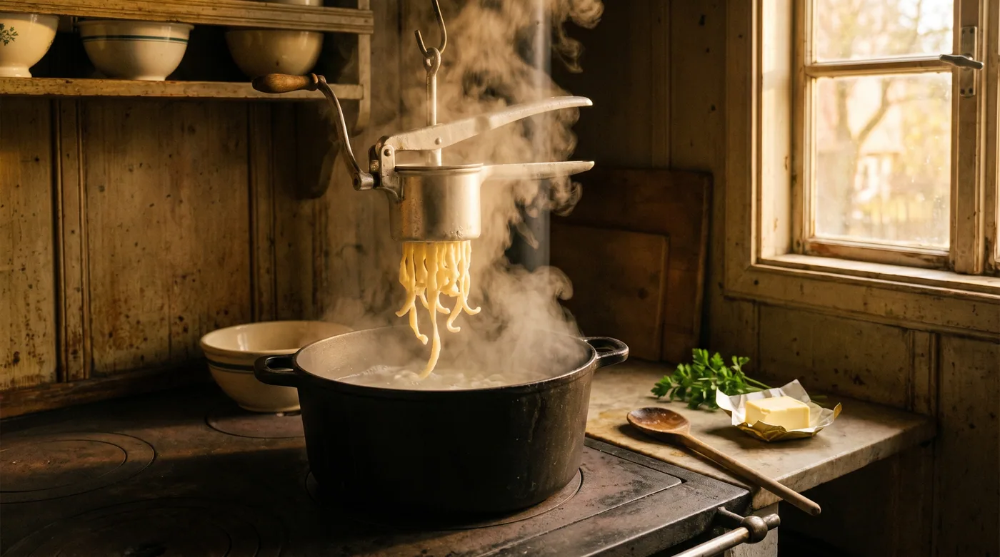 A rustic German farmhouse kitchen with a Spätzle press above a pot of boiling water — the format predates dry packaged noodles by centuries, and Pennsylvania Dutch communities brought the technique to the American Midwest