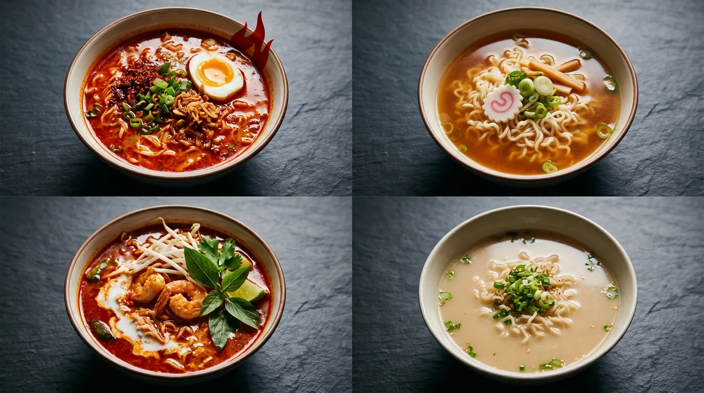 The four cultural tiers of spicy instant noodles — Korean viral (Buldak), Korean everyday (Shin Ramyun), SE Asian regional (Indomie, Mama), and mainstream American (Maruchan, Nissin). Each tier has its own role; the right pick depends on the occasion, not the absolute SHU