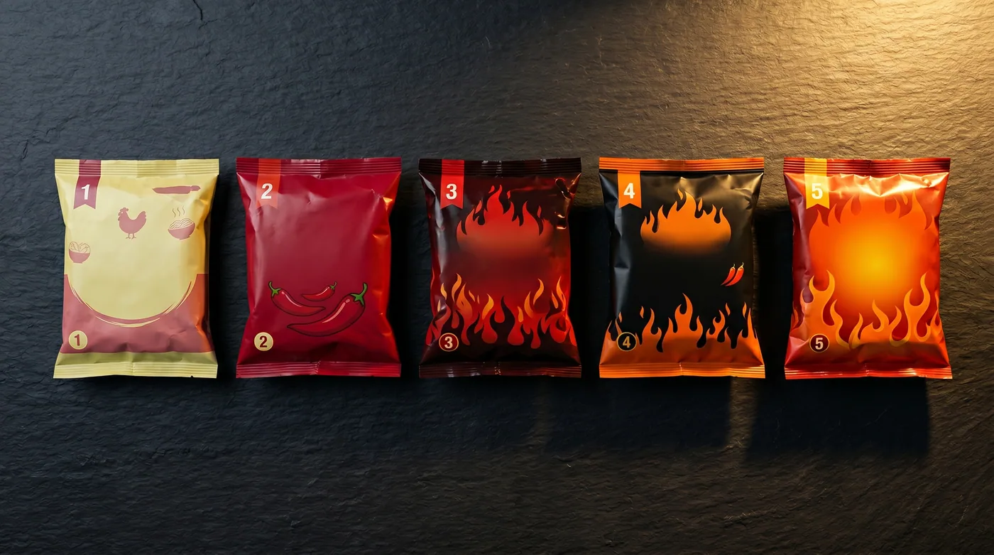 Visual heat-tier gradient — five generic packets arranged from cool-tone mild on the left to glowing red-orange extreme on the right, each casting a longer shadow than the last. The visual maps directly to where each instant noodle category sits on the Scoville scale