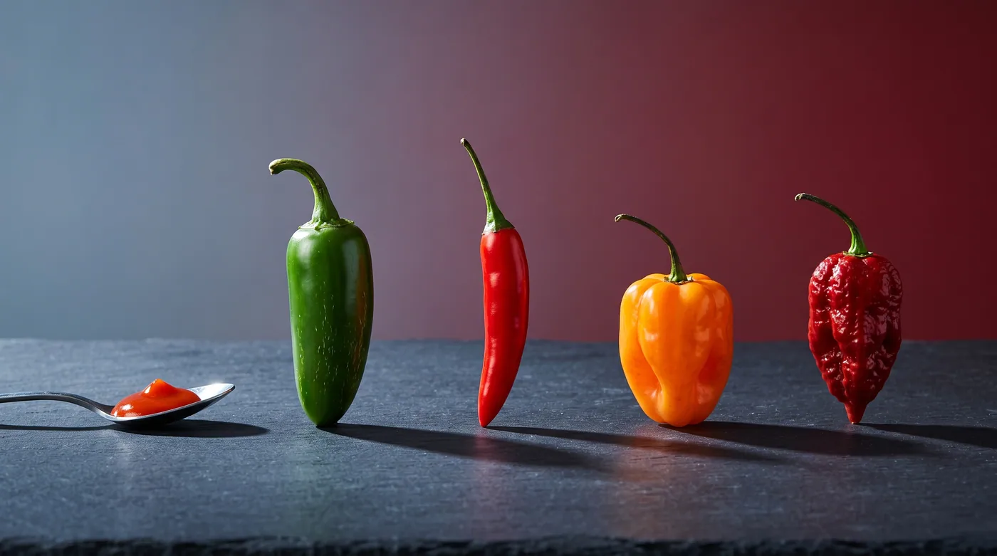 The Scoville scale at a glance — jalapeño on the left through ghost pepper on the right. The chemistry is exponential, not linear. Even the spiciest mass-market noodle (Paldo Volcano Curry at 25,000 SHU) sits at mid-serrano level — nowhere near habanero, let alone ghost pepper